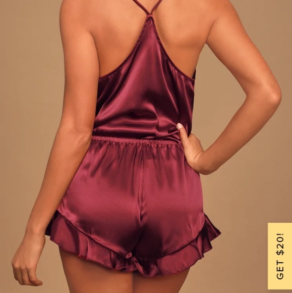 Lulus • Sweetest Dreams Burgundy Satin Ruffled Two-Piece Pajama Set - Picture 3 of 4